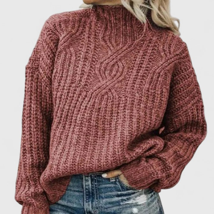Comfortable Cable Knit Sweater for Women with High Neck Balloon Sleeve Relaxed Oversized Style