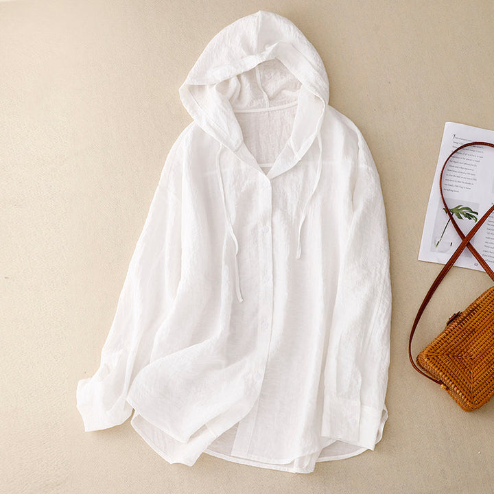 Effortless Linen Hooded Shirt for Women with Long Sleeve Button Front High Low Hem Casual Style