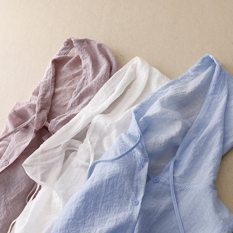 Effortless Linen Hooded Shirt for Women with Long Sleeve Button Front High Low Hem Casual Style