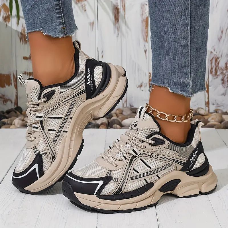 Comfortable Trainers for Women with Mesh Panel Lace Up Chunky Platform Sole Retro Style