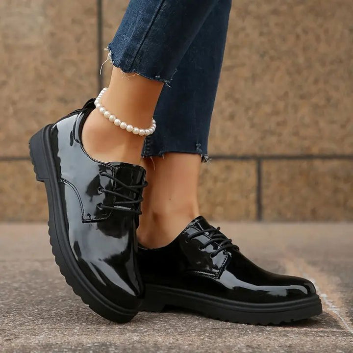 Comfortable Black Lace Up Shoes for Women with Patent Finish Round Toe Low Block Heel Style