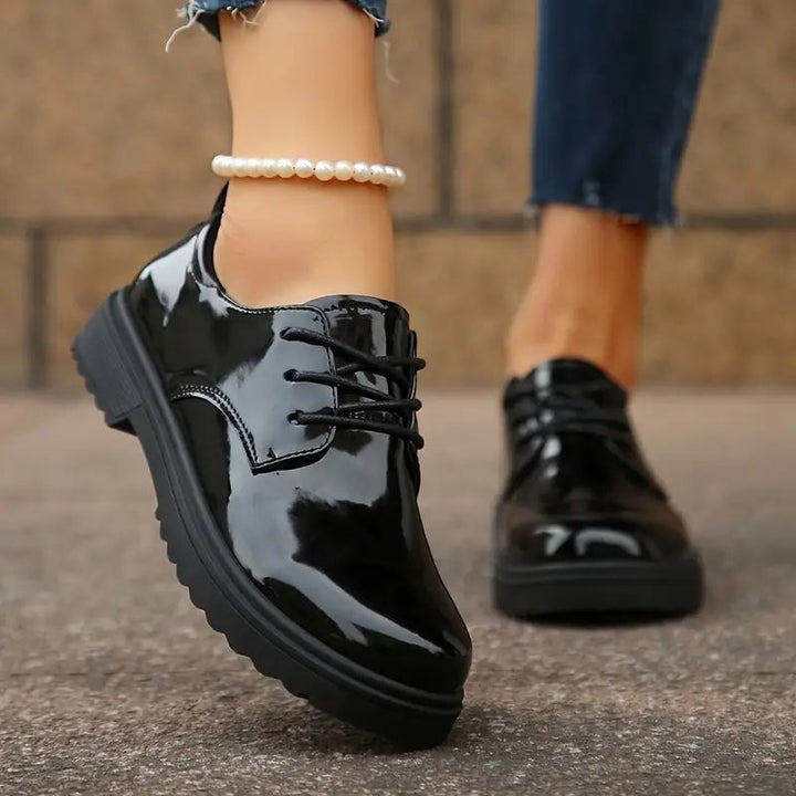 Comfortable Black Lace Up Shoes for Women with Patent Finish Round Toe Low Block Heel Style