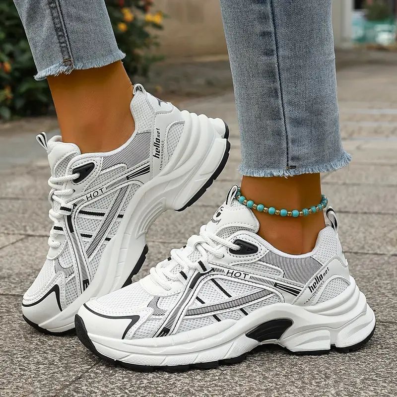 Comfortable Trainers for Women with Mesh Panel Lace Up Chunky Platform Sole Retro Style