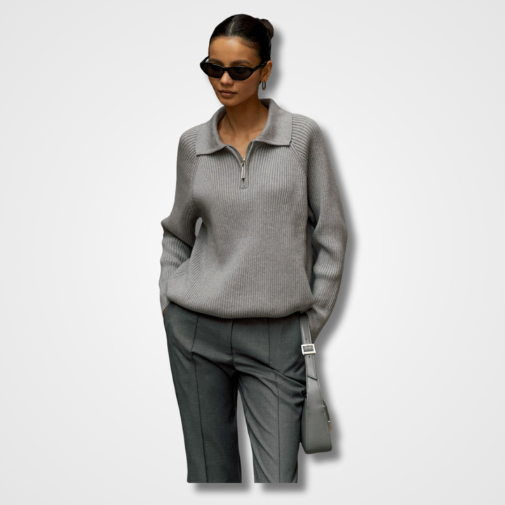 Comfortable Ribbed Knit Quarter Zip Sweater for Women with Collar Long Sleeve Relaxed Oversized Style
