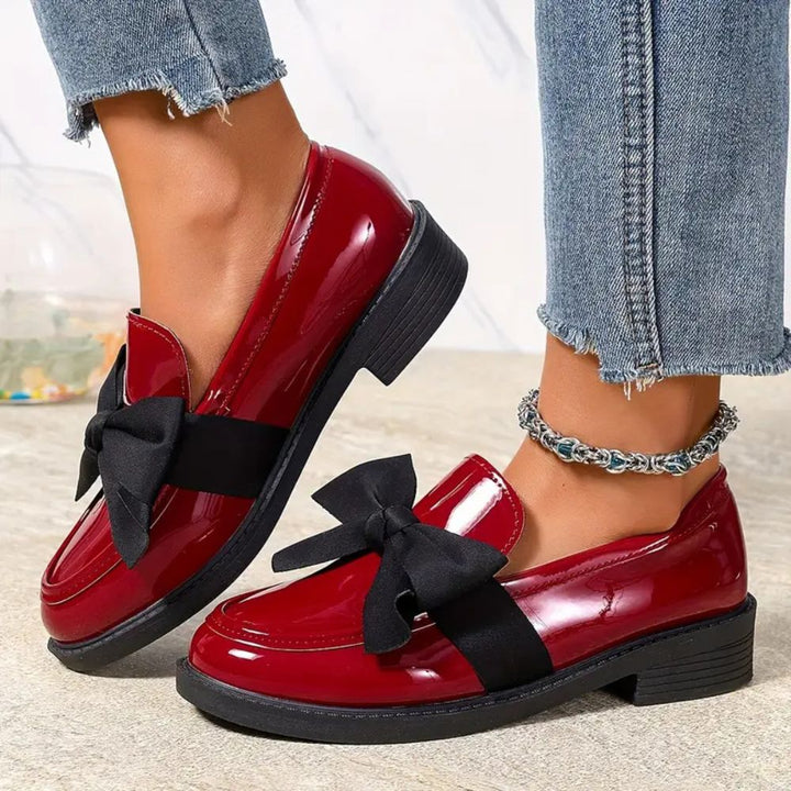 Comfortable Loafers for Women with Bow Detail Patent Finish Low Block Heel Slip On Style