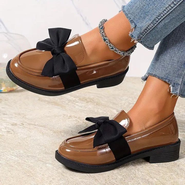 Comfortable Loafers for Women with Bow Detail Patent Finish Low Block Heel Slip On Style