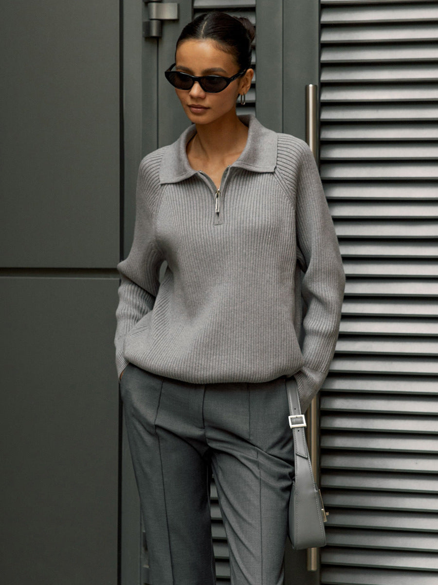 Comfortable Ribbed Knit Quarter Zip Sweater for Women with Collar Long Sleeve Relaxed Oversized Style