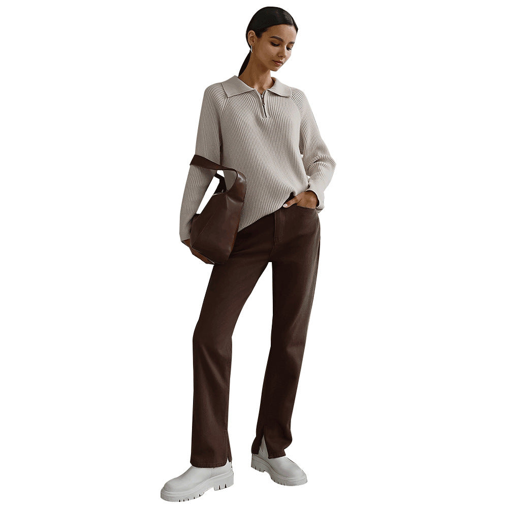 Comfortable Ribbed Knit Quarter Zip Sweater for Women with Collar Long Sleeve Relaxed Oversized Style