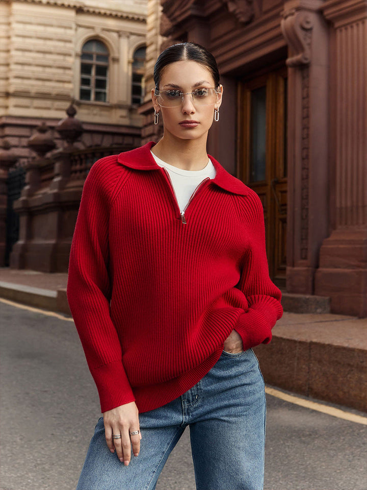 Comfortable Ribbed Knit Quarter Zip Sweater for Women with Collar Long Sleeve Relaxed Oversized Style