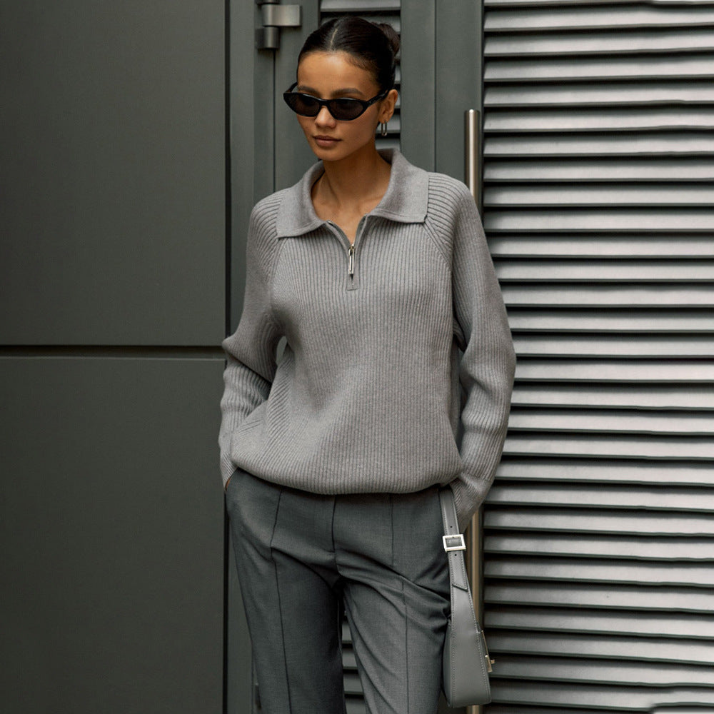 Comfortable Ribbed Knit Quarter Zip Sweater for Women with Collar Long Sleeve Relaxed Oversized Style