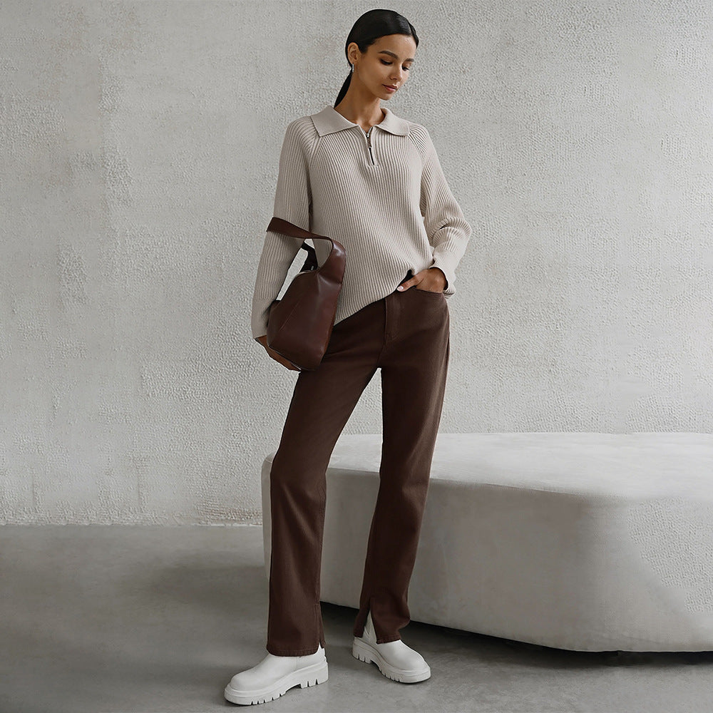 Comfortable Ribbed Knit Quarter Zip Sweater for Women with Collar Long Sleeve Relaxed Oversized Style