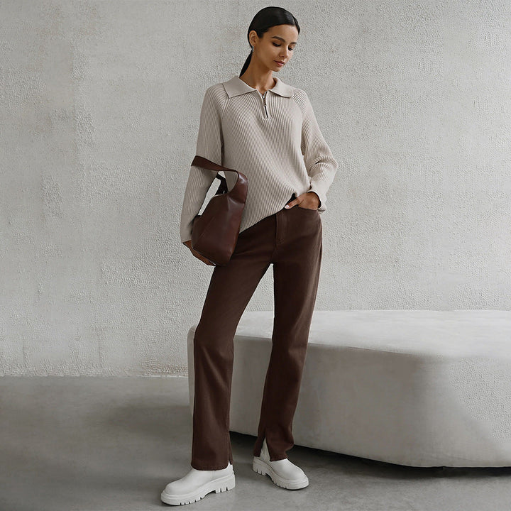 Comfortable Ribbed Knit Quarter Zip Sweater for Women with Collar Long Sleeve Relaxed Oversized Style