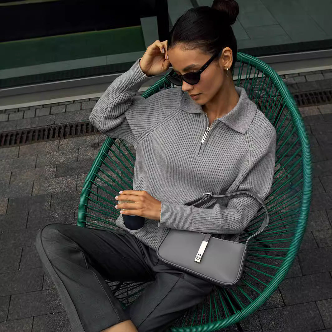 Comfortable Ribbed Knit Quarter Zip Sweater for Women with Collar Long Sleeve Relaxed Oversized Style