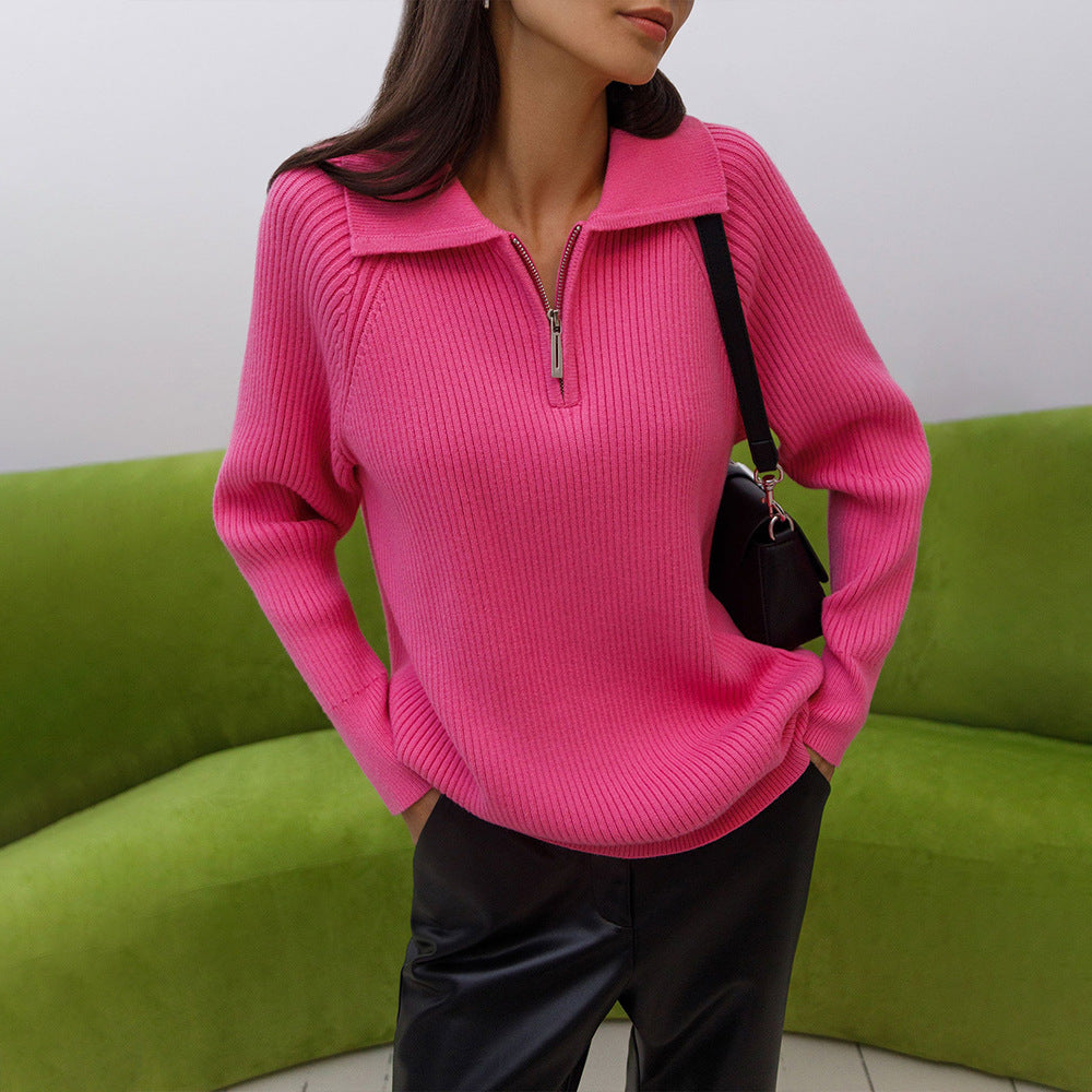 Comfortable Ribbed Knit Quarter Zip Sweater for Women with Collar Long Sleeve Relaxed Oversized Style