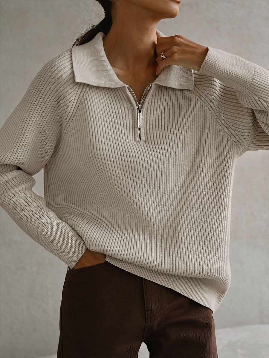 Comfortable Ribbed Knit Quarter Zip Sweater for Women with Collar Long Sleeve Relaxed Oversized Style