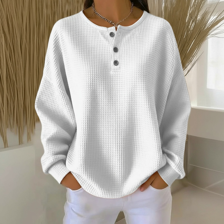Comfortable Waffle Knit Henley Top for Women with Button Front Long Sleeve Relaxed Oversized Style