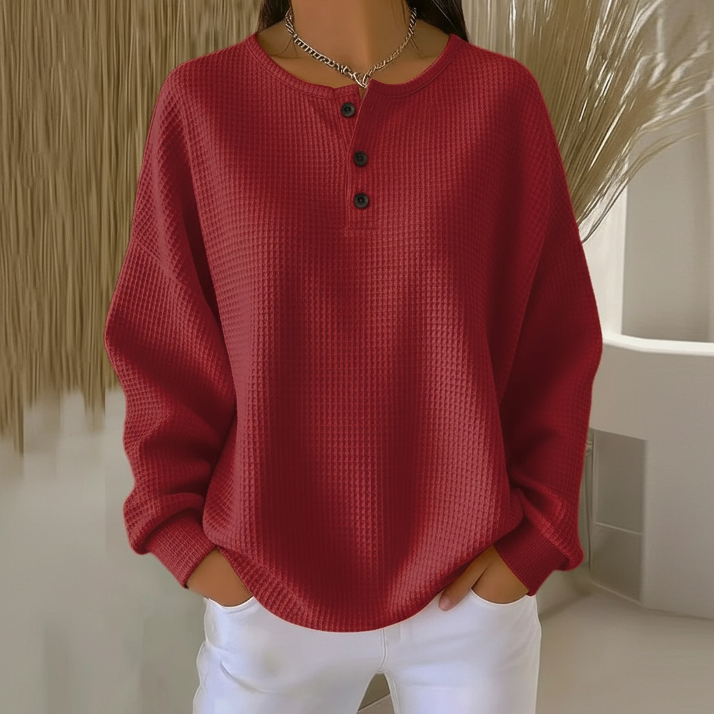 Comfortable Waffle Knit Henley Top for Women with Button Front Long Sleeve Relaxed Oversized Style