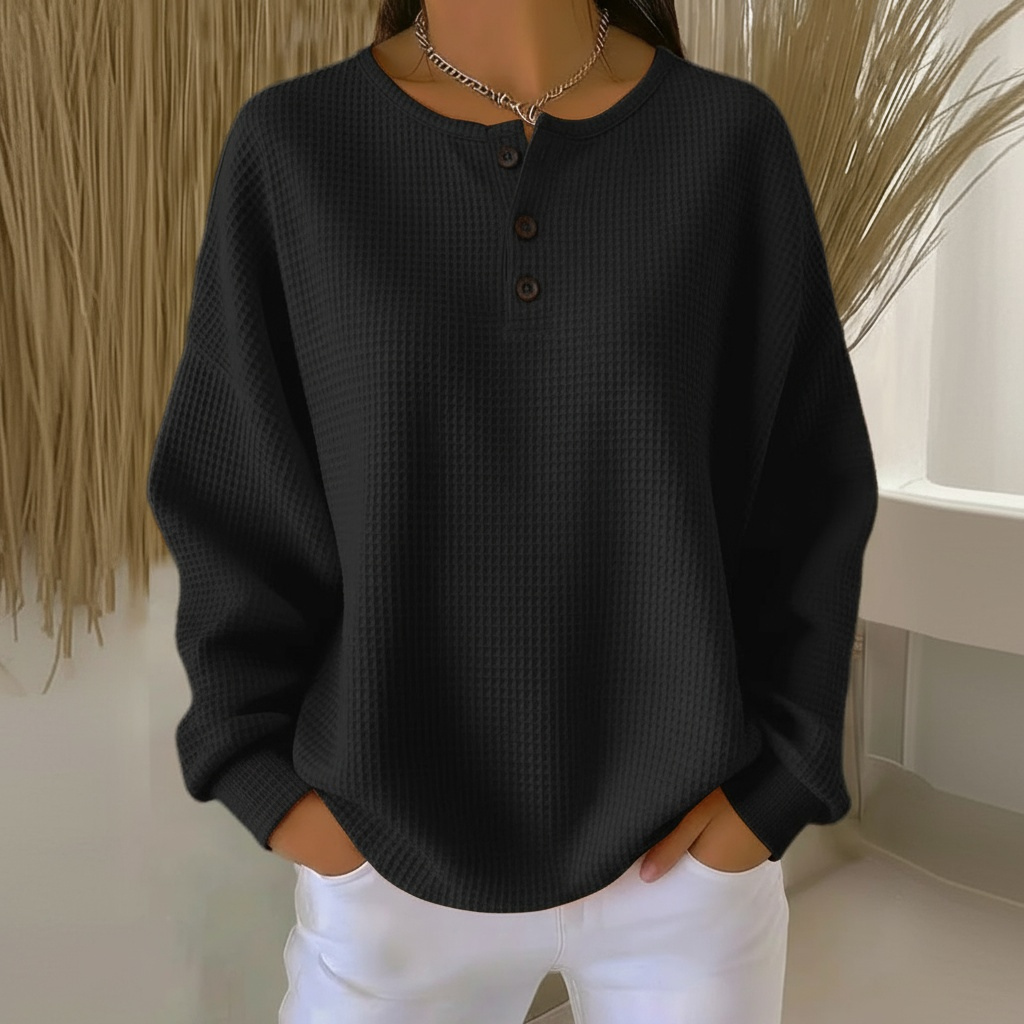 Comfortable Waffle Knit Henley Top for Women with Button Front Long Sleeve Relaxed Oversized Style