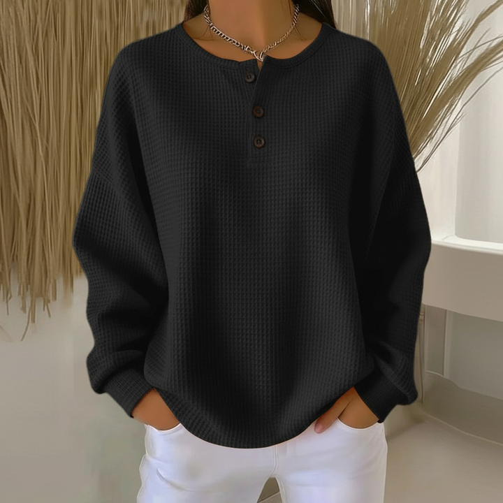 Comfortable Waffle Knit Henley Top for Women with Button Front Long Sleeve Relaxed Oversized Style