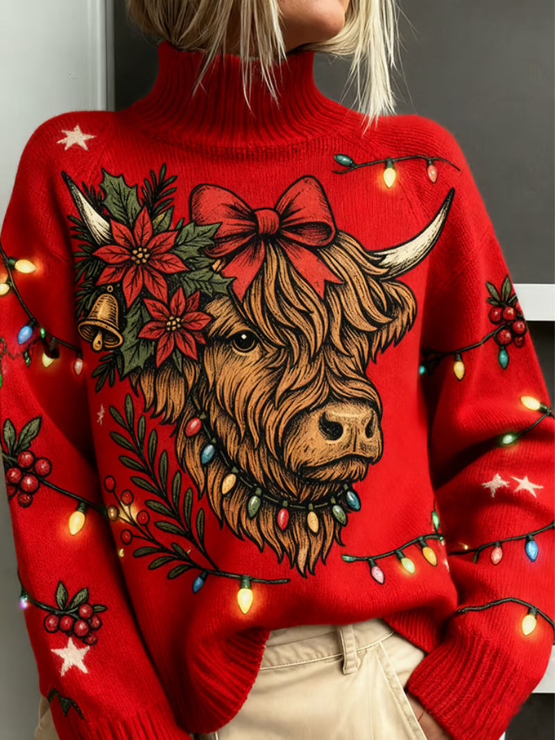 Comfortable Red Christmas Cow Print Sweater for Women with Turtleneck Long Sleeve Oversized Knit Holiday Style