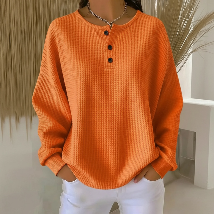 Comfortable Waffle Knit Henley Top for Women with Button Front Long Sleeve Relaxed Oversized Style