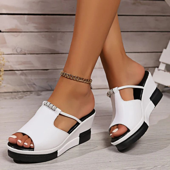 Comfortable Wedge Sandals for Women with T Strap Cutout Platform Peep Toe Slip On Style