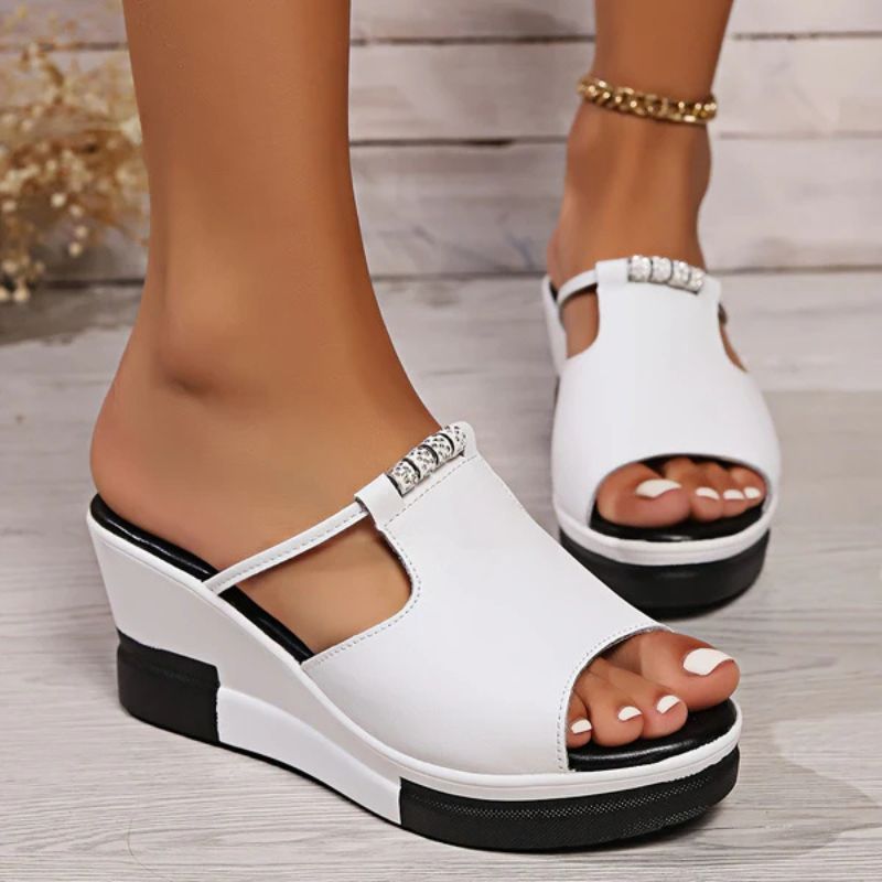 Comfortable Wedge Sandals for Women with T Strap Cutout Platform Peep Toe Slip On Style
