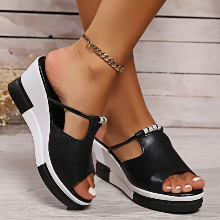 Comfortable Wedge Sandals for Women with T Strap Cutout Platform Peep Toe Slip On Style