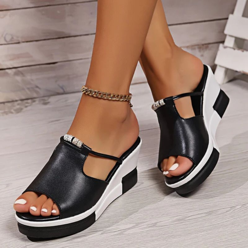 Comfortable Wedge Sandals for Women with T Strap Cutout Platform Peep Toe Slip On Style