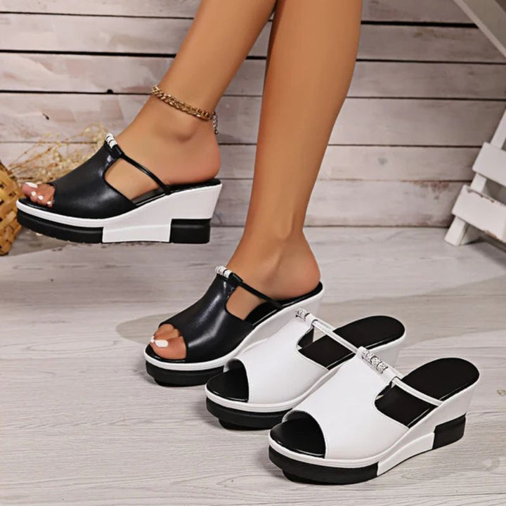 Comfortable Wedge Sandals for Women with T Strap Cutout Platform Peep Toe Slip On Style