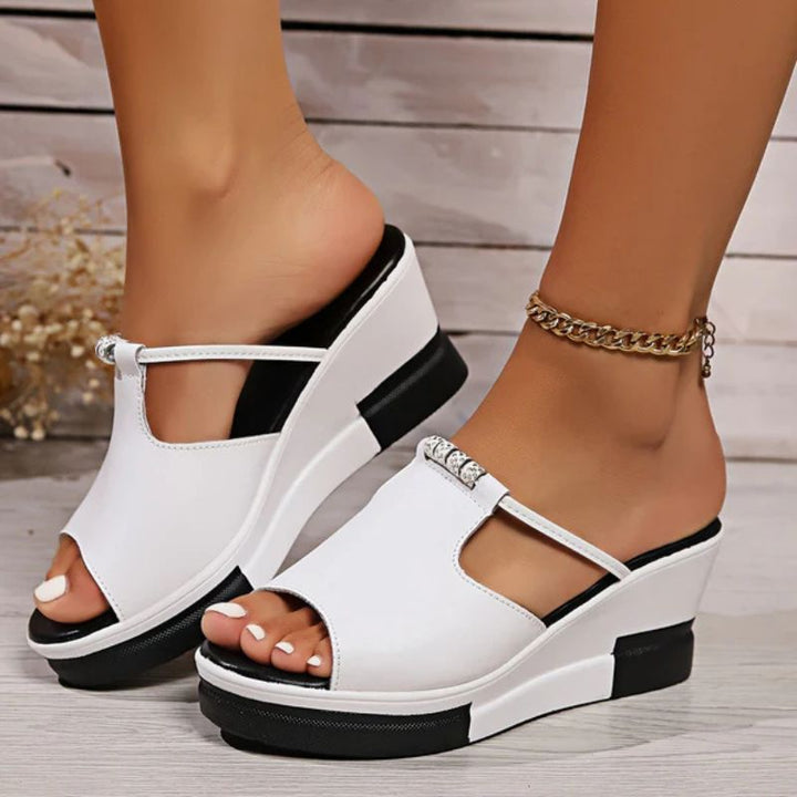 Comfortable Wedge Sandals for Women with T Strap Cutout Platform Peep Toe Slip On Style