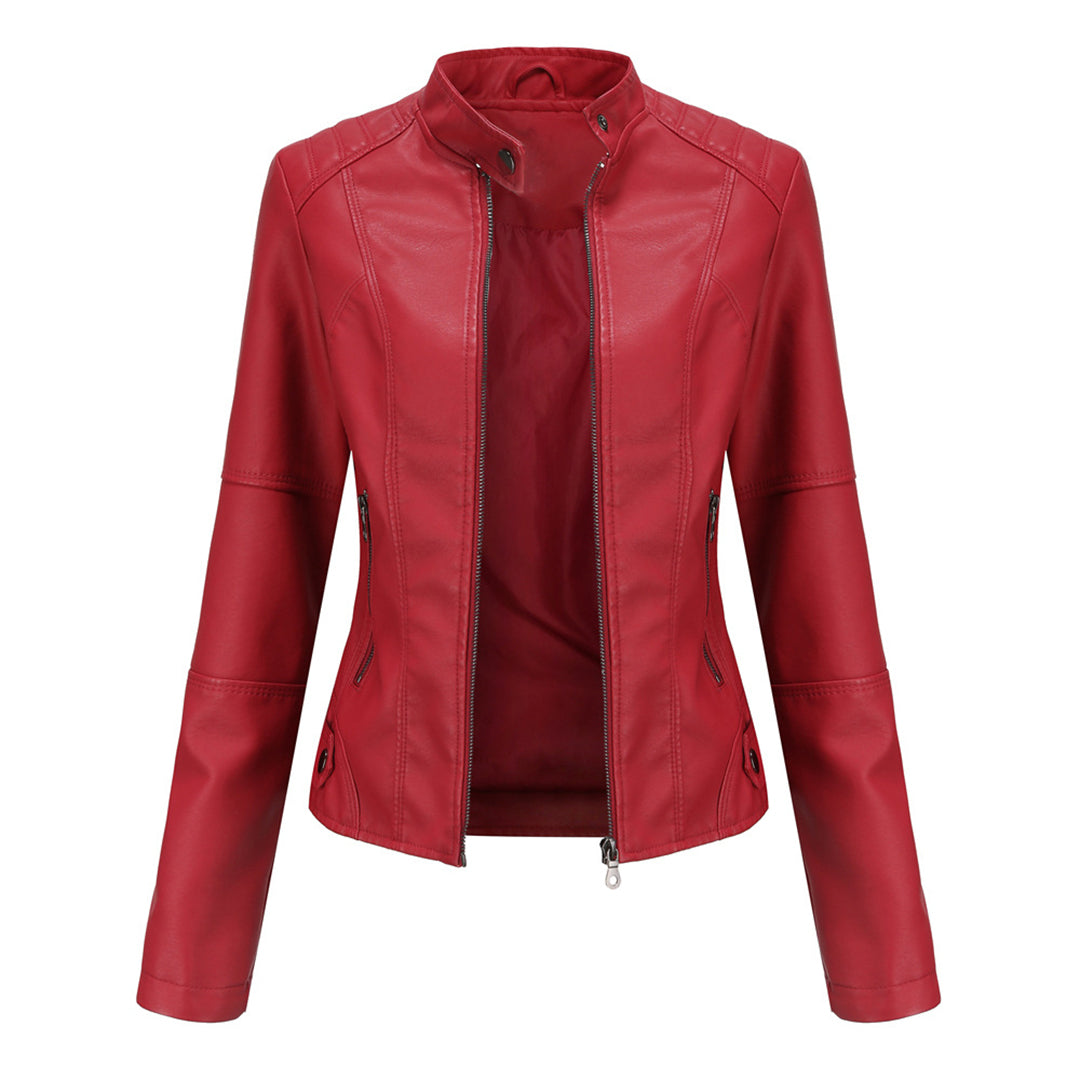 Effortless Faux Leather Biker Jacket for Women with Stand Collar Long Sleeve Cropped Zip Front Style