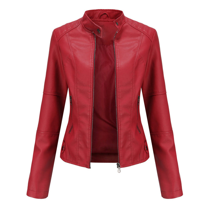 Effortless Faux Leather Biker Jacket for Women with Stand Collar Long Sleeve Cropped Zip Front Style