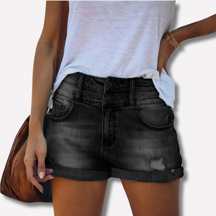 Effortless Blue Distressed Denim Shorts for Women with High Waisted Button Fly Cuffed Casual Style