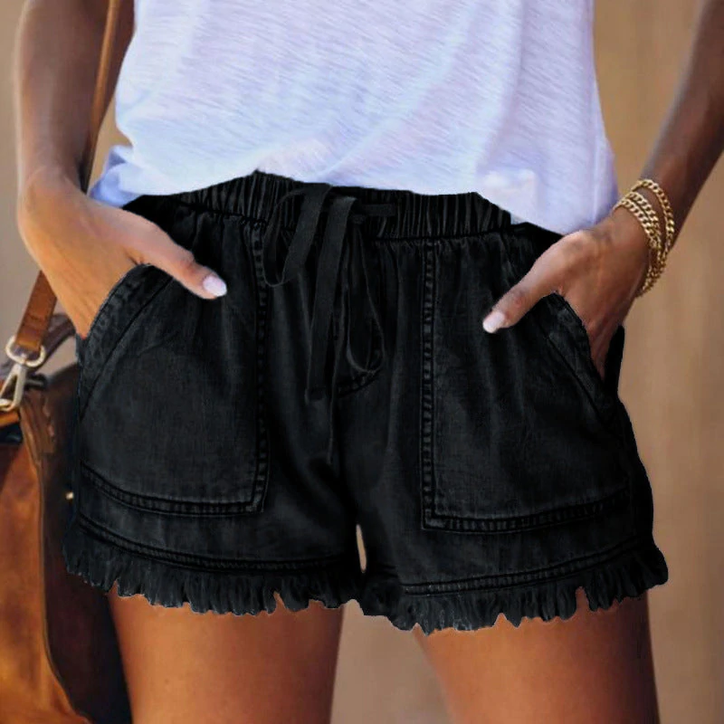 Effortless Denim Shorts for Women with High Waist Drawstring Frayed Hem Casual Style