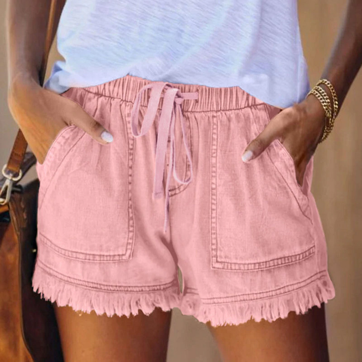Effortless Denim Shorts for Women with High Waist Drawstring Frayed Hem Casual Style