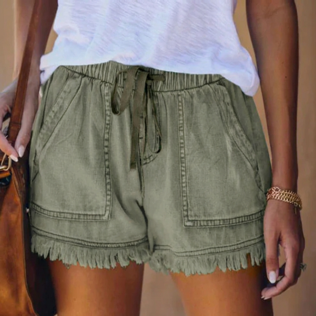 Effortless Denim Shorts for Women with High Waist Drawstring Frayed Hem Casual Style