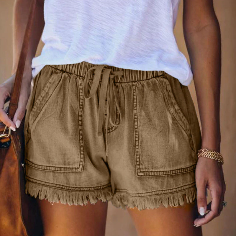 Effortless Denim Shorts for Women with High Waist Drawstring Frayed Hem Casual Style
