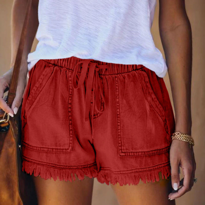 Effortless Denim Shorts for Women with High Waist Drawstring Frayed Hem Casual Style