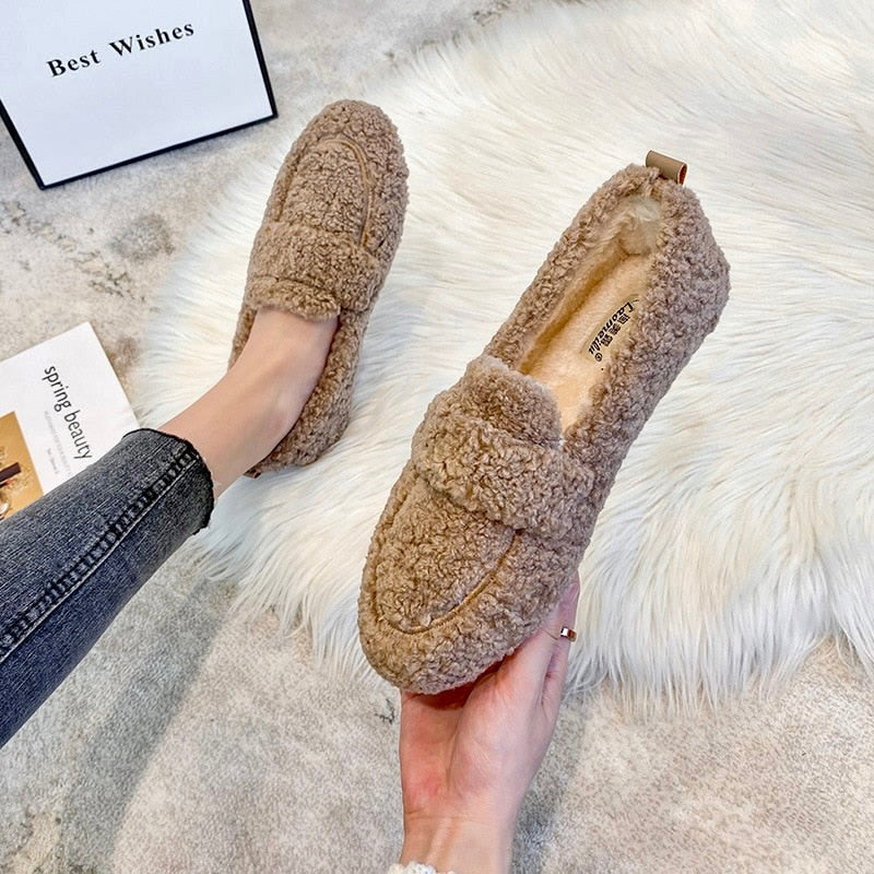 Comfortable Slippers for Women with Curly Faux Fur Upper Bow Detail Moccasin Slip On Style