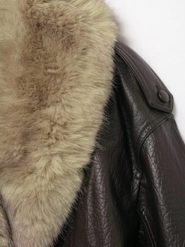 Elegant Faux Fur Collar Leather Jacket for Women with Long Sleeve Oversized Snap Button Style