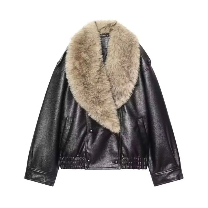 Elegant Faux Fur Collar Leather Jacket for Women with Long Sleeve Oversized Snap Button Style