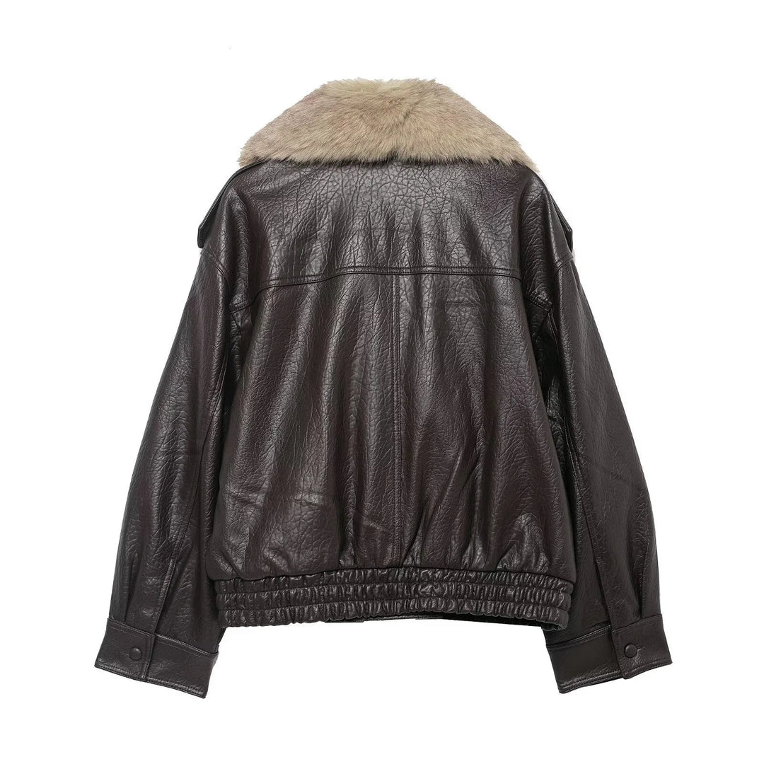 Elegant Faux Fur Collar Leather Jacket for Women with Long Sleeve Oversized Snap Button Style
