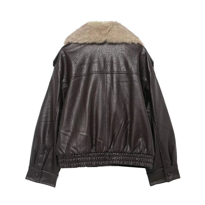 Elegant Faux Fur Collar Leather Jacket for Women with Long Sleeve Oversized Snap Button Style