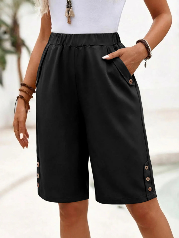 Effortless Button Trim Bermuda Shorts for Women with Elastic Waist Relaxed Pocket Casual Style