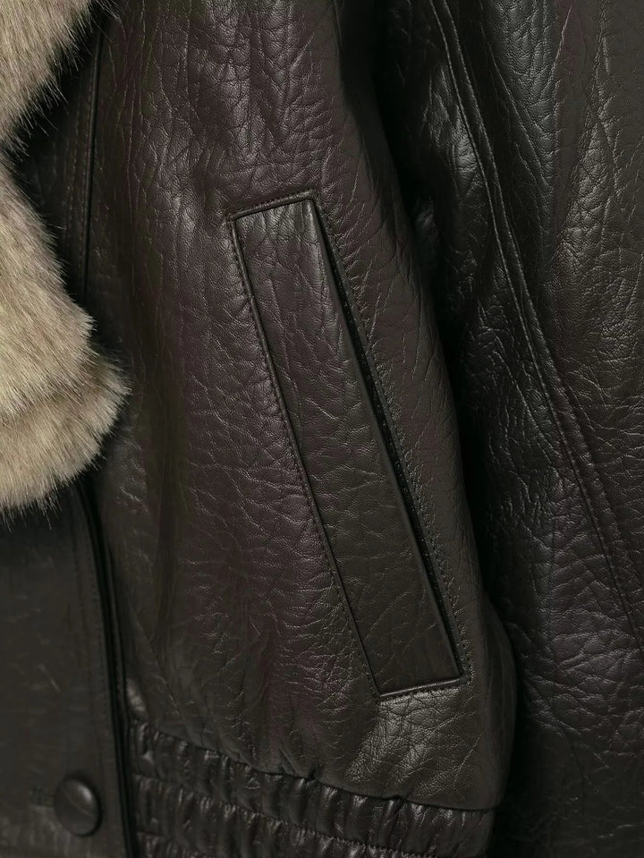 Elegant Faux Fur Collar Leather Jacket for Women with Long Sleeve Oversized Snap Button Style