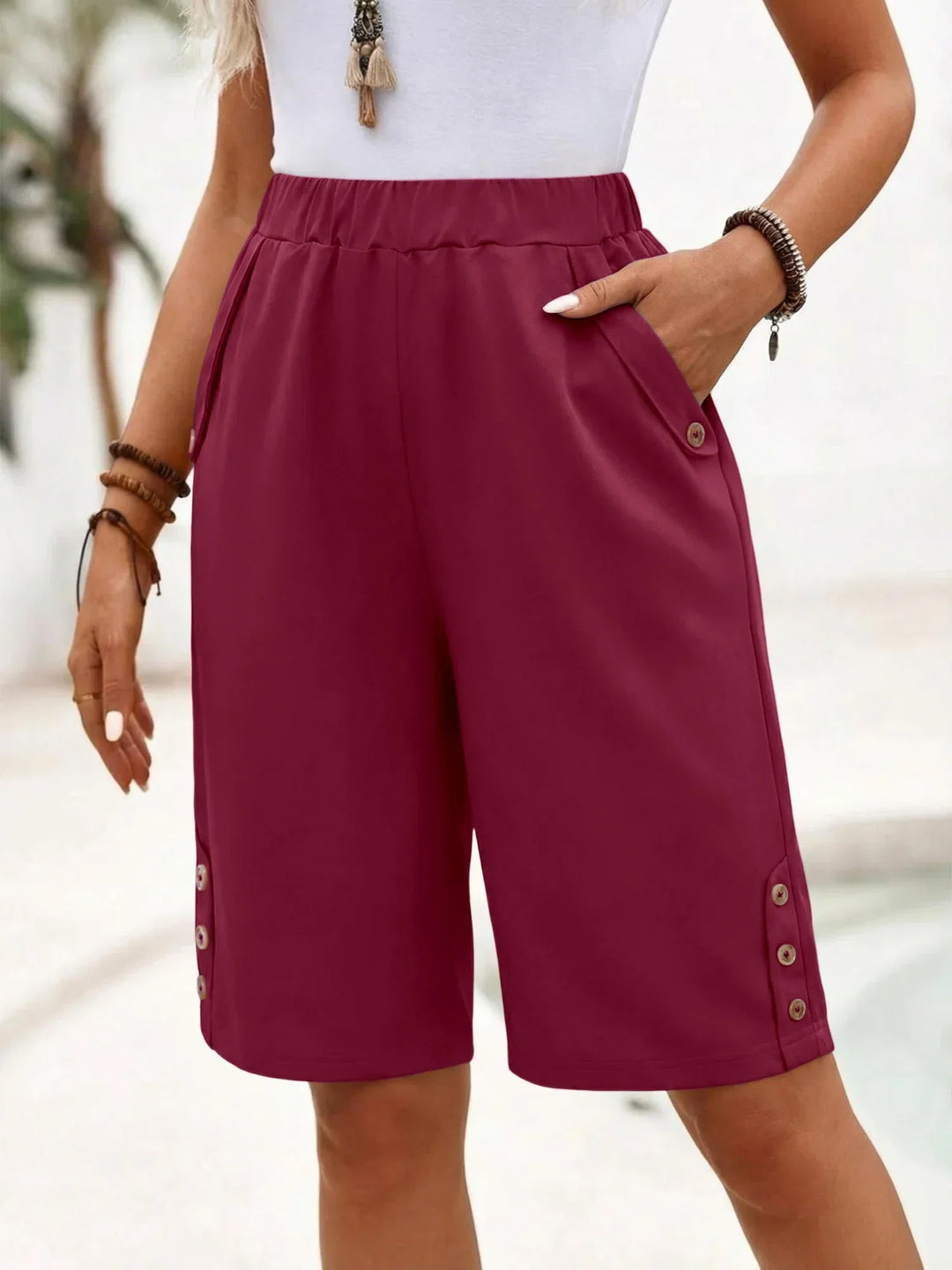 Effortless Button Trim Bermuda Shorts for Women with Elastic Waist Relaxed Pocket Casual Style