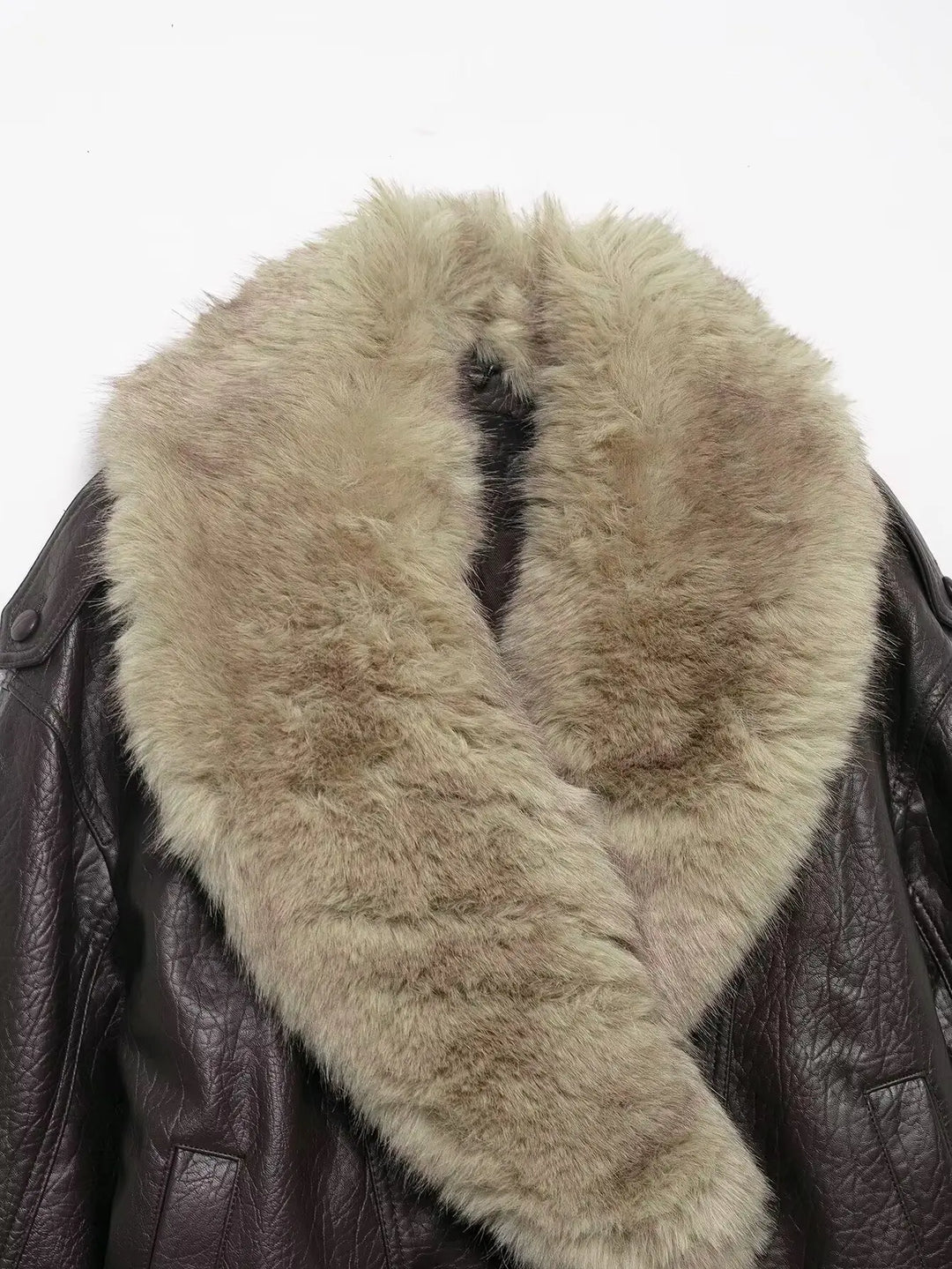 Elegant Faux Fur Collar Leather Jacket for Women with Long Sleeve Oversized Snap Button Style