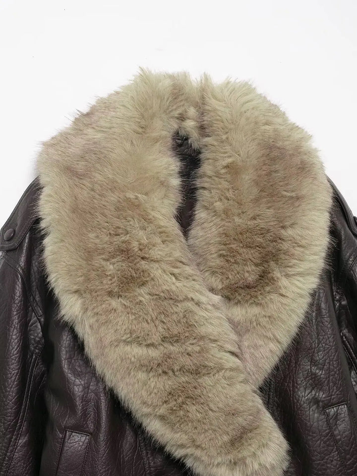 Elegant Faux Fur Collar Leather Jacket for Women with Long Sleeve Oversized Snap Button Style