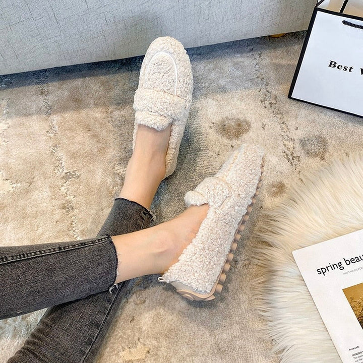 Comfortable Slippers for Women with Curly Faux Fur Upper Bow Detail Moccasin Slip On Style